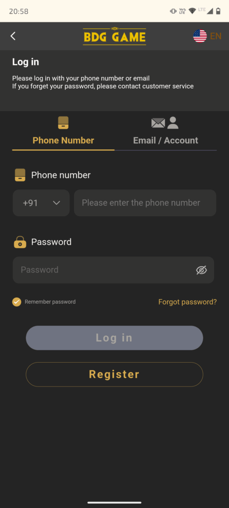 BDG Game Login Page Image