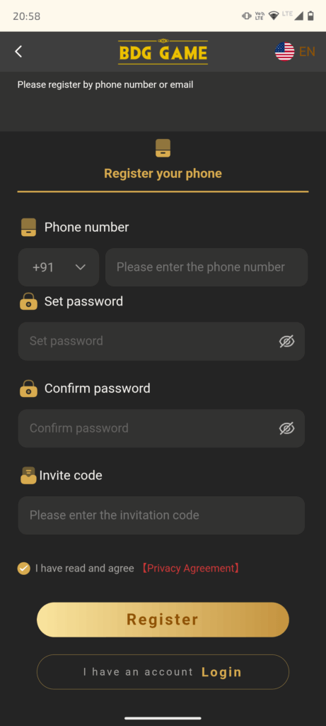 BDG Game Registration Page Image